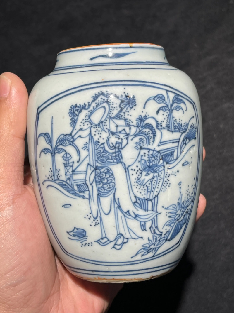 明晚期 青花铁线描高官厚禄纹小罐 - 图4