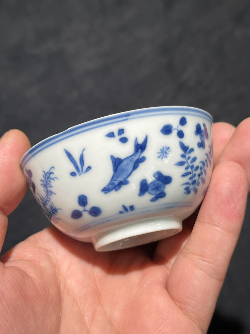 清康熙 青花鱼藻纹小杯一组五件 - 图9