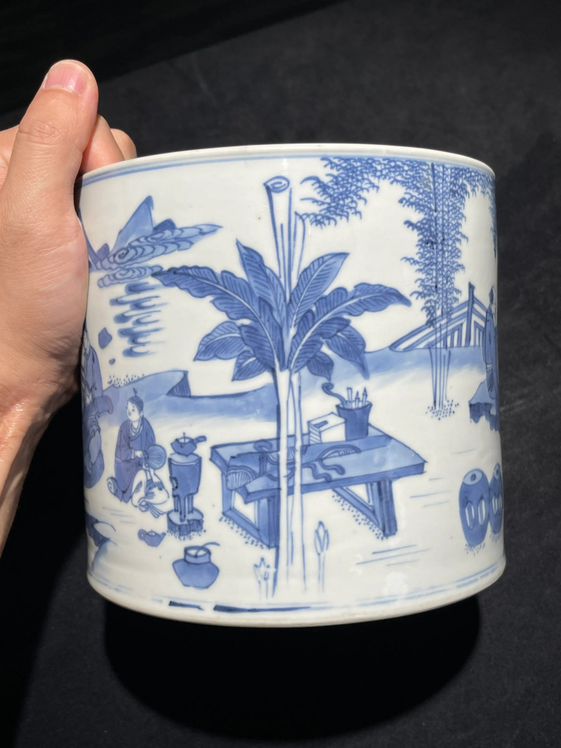 清康熙 青花竹林七贤纹笔筒 - 图3