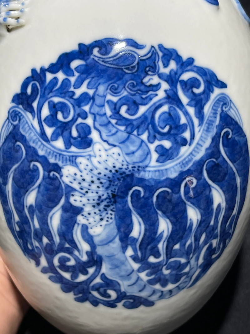 清晚期 青花团凤纹堆塑龙纹水盂 - 图10