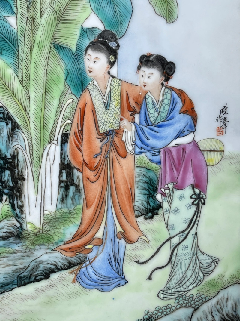 民国 熊晓峰画粉彩红楼梦纹瓷板一对 - 图3