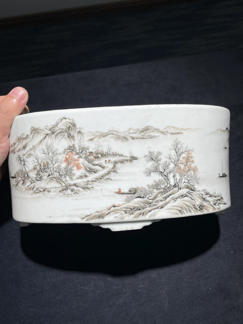 民国 墨彩山水纹花盆一对 - 图13