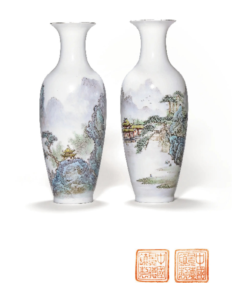 70年代 薄胎粉彩山水纹瓶一对