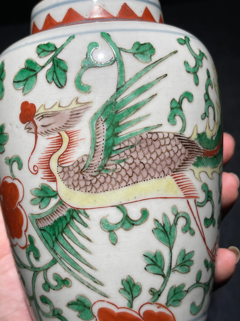 清早期 五彩凤穿牡丹纹盖罐一对 - 图7