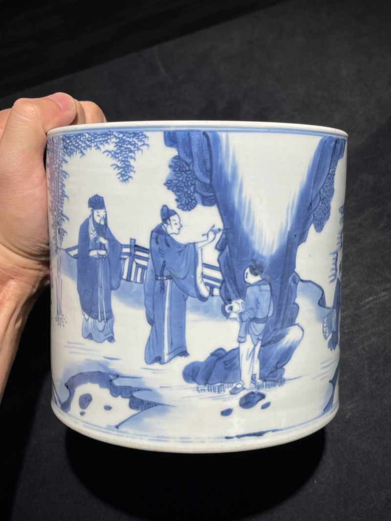 清康熙 青花竹林七贤纹笔筒 - 图5