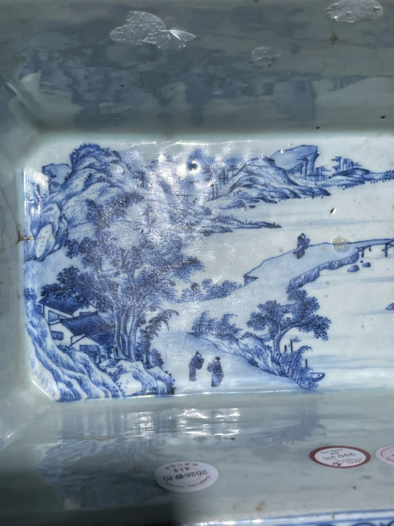 清早期 青花山水纹花盆 - 图9