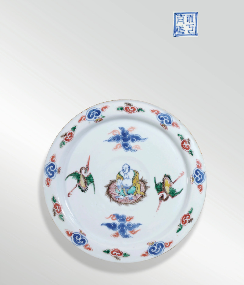 明天启 青花五彩弥勒纹盘