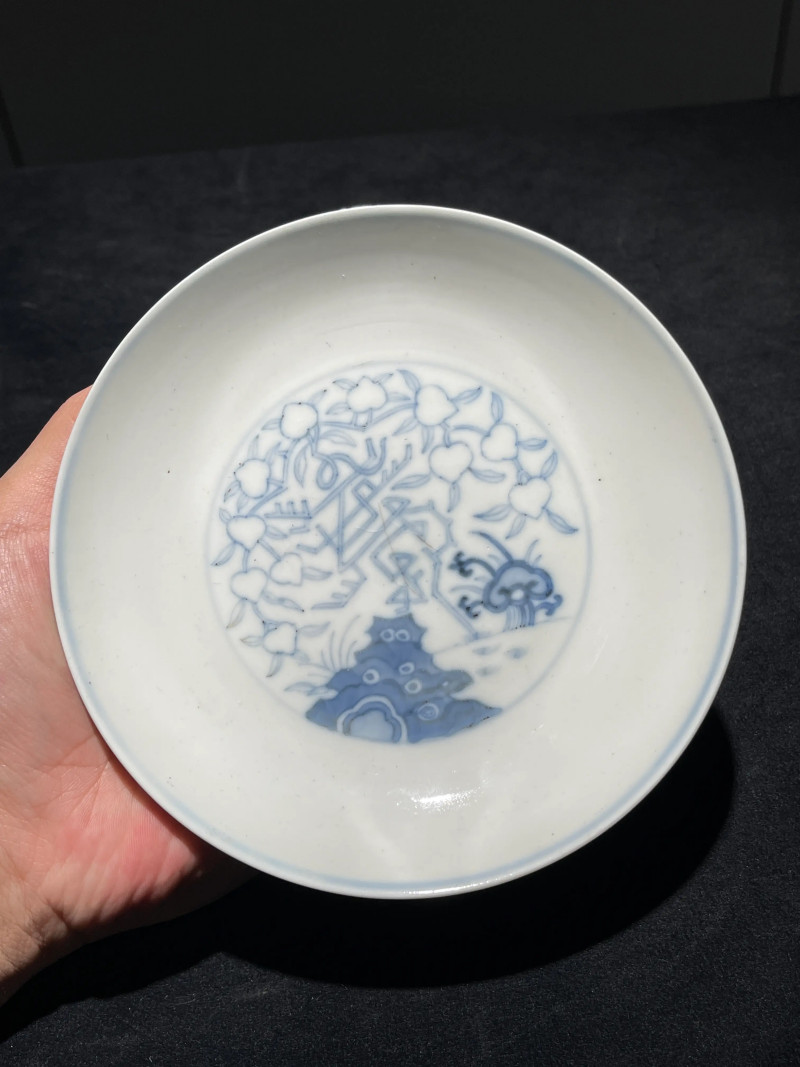 清同治 青花寿桃纹盘一对 - 图2