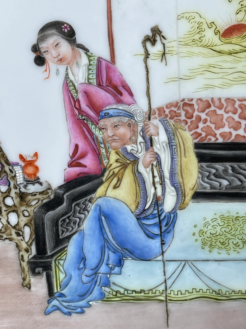 民国 曾福庆画粉彩弃官寻母纹盘 - 图5