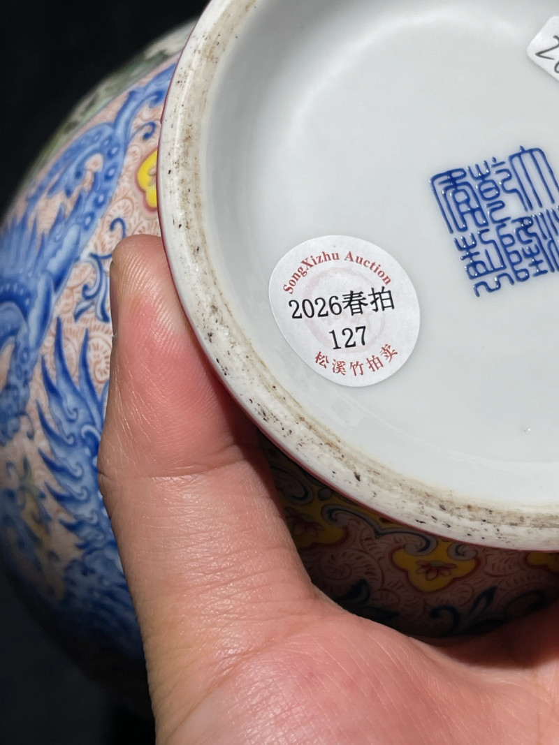 民国 珐琅彩夔凤开光花鸟纹象耳瓶 - 图17