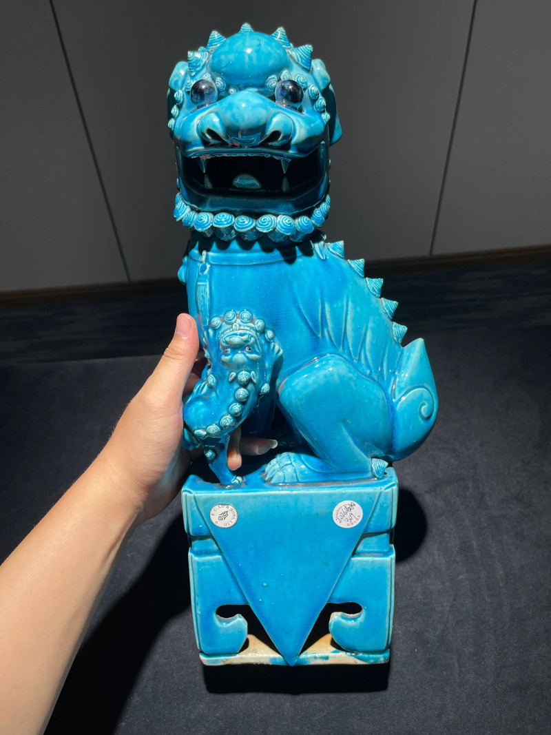 清康熙 孔雀蓝釉狮子瓷塑一对 - 图2