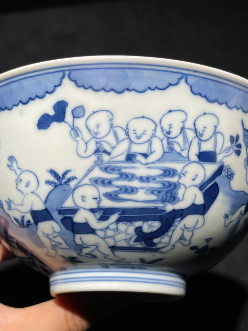 清道光 青花婴戏纹碗 - 图7