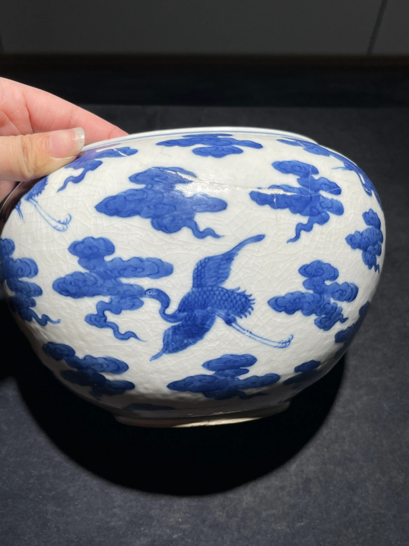 清道光 浆胎青花云鹤纹钵 - 图3