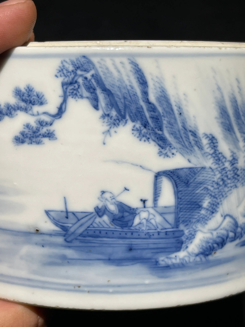 清晚期 青花山水人物诗文盖盒 - 图5