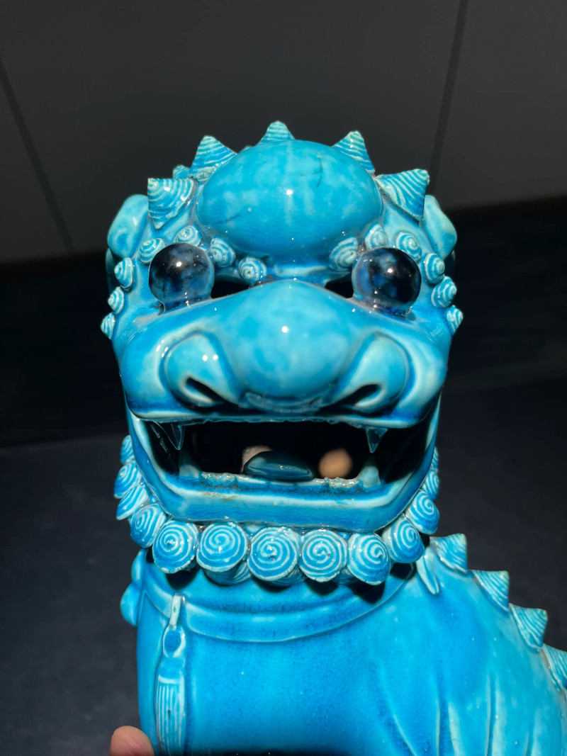 清康熙 孔雀蓝釉狮子瓷塑一对 - 图3