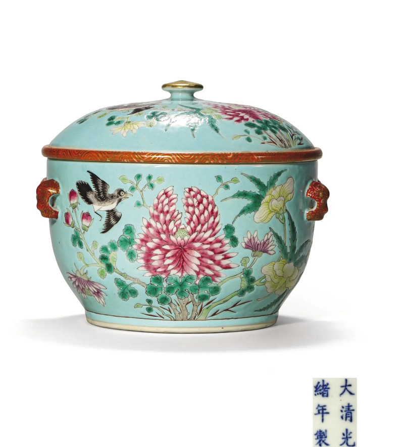 清光绪 松石绿地粉彩花鸟纹温锅