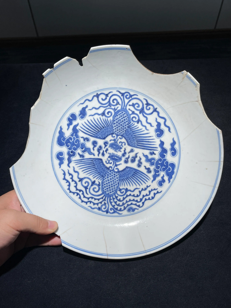 清同治 青花对头凤纹大盘 - 图2