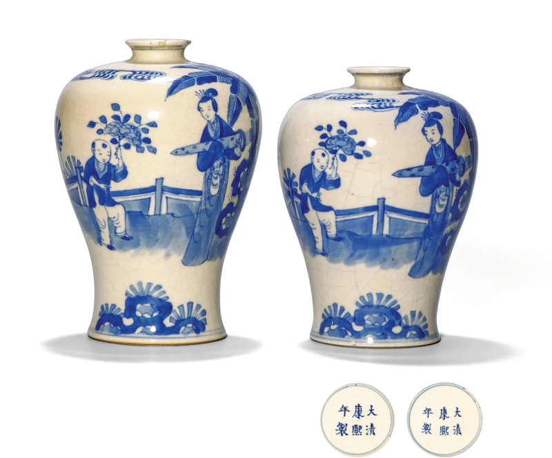 清晚期 浆胎青花折桂图梅瓶一对