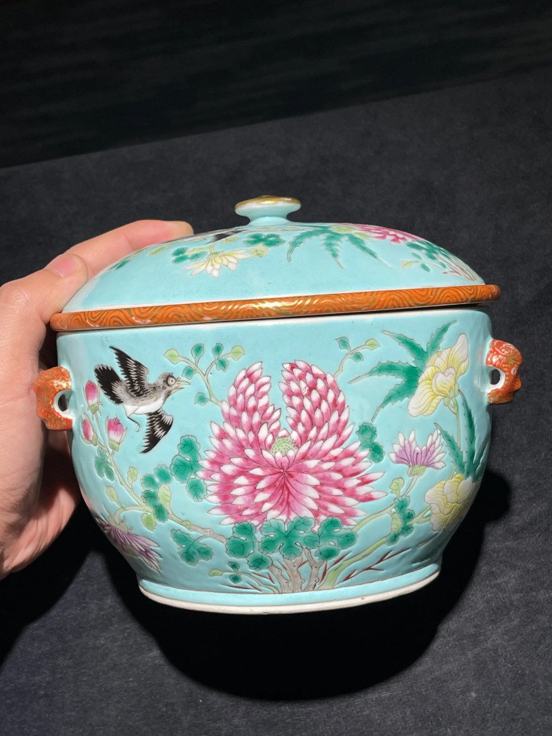 清光绪 松石绿地粉彩花鸟纹温锅 - 图2