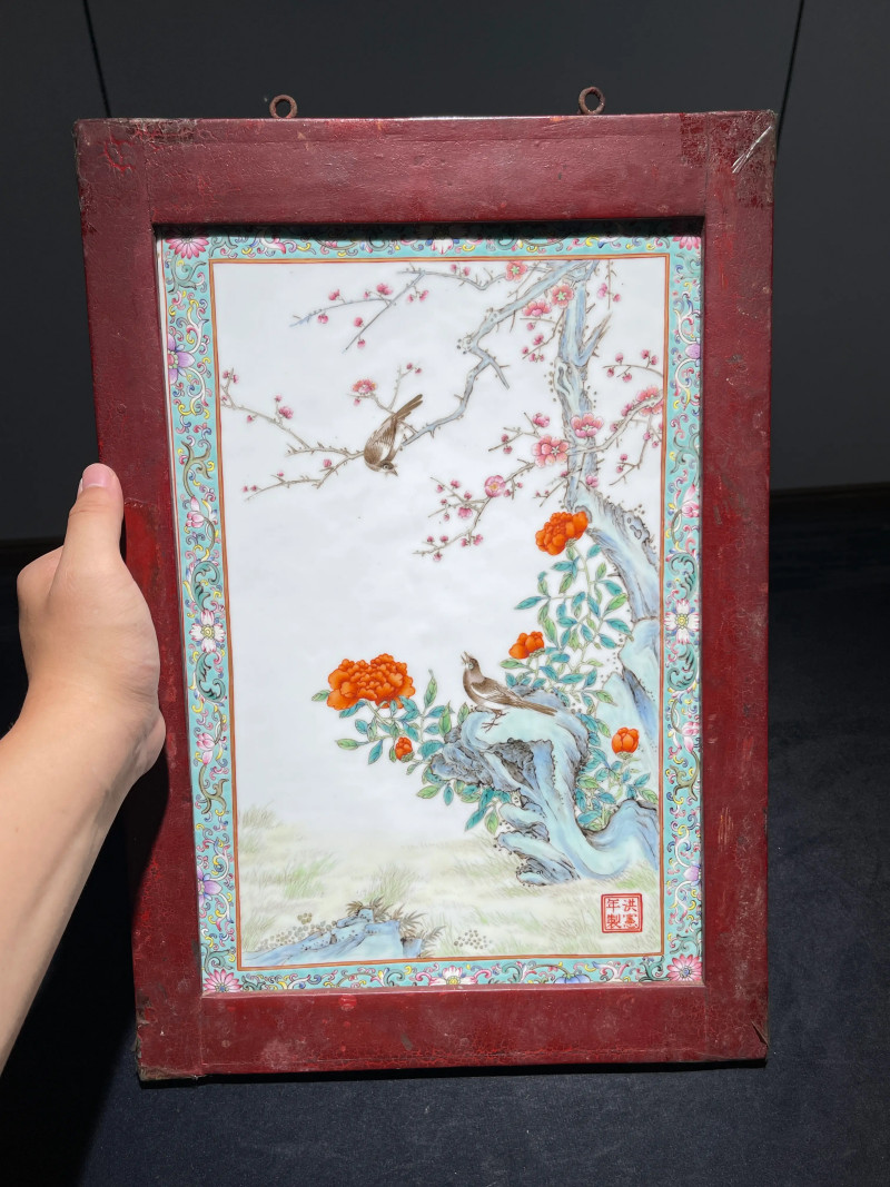 民国 粉彩花鸟纹瓷板 - 图2