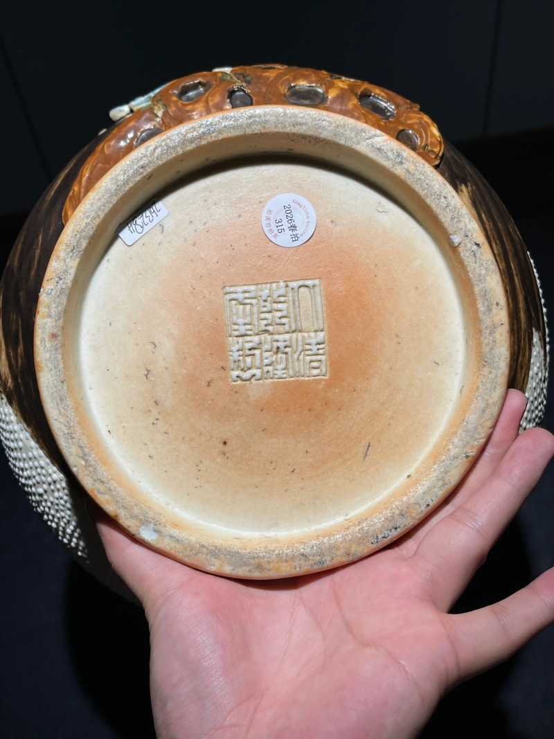 民国 反瓷珍珠地堆塑花卉纹双耳尊 - 图11