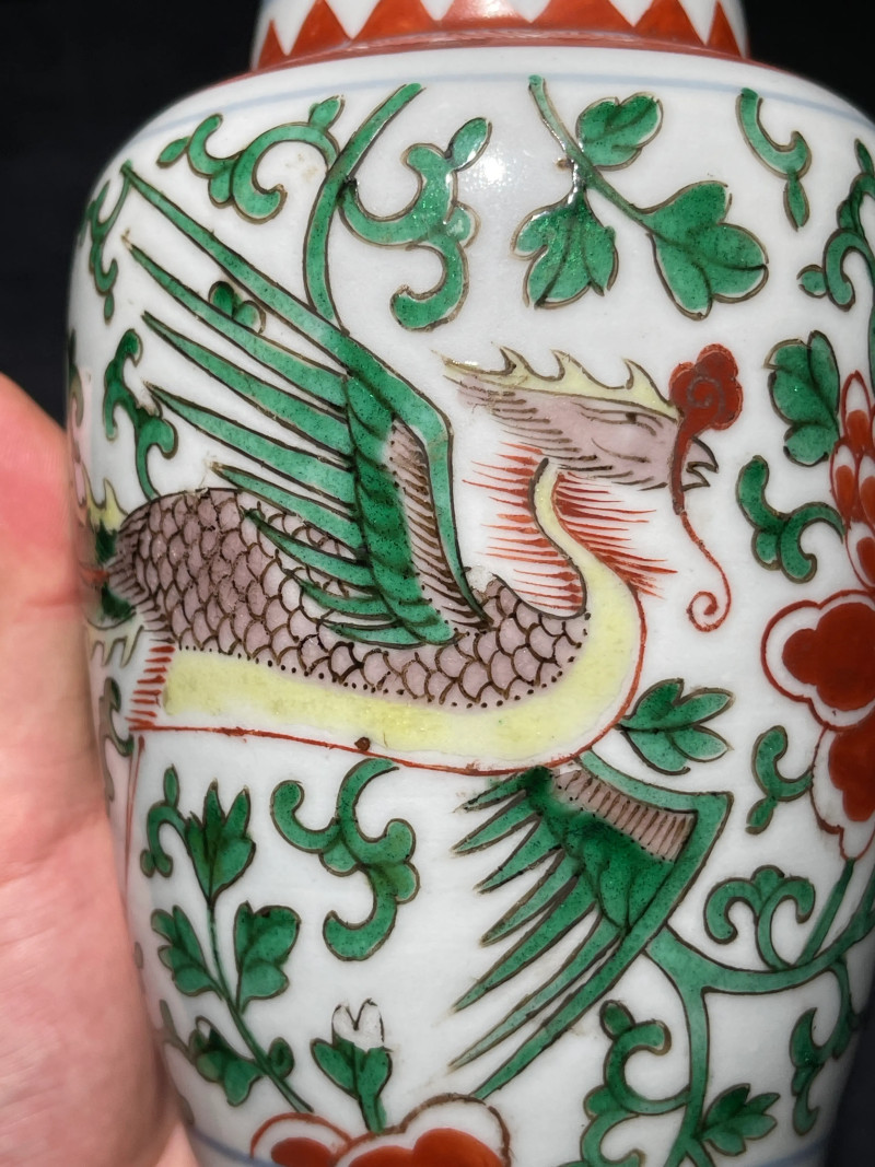 清早期 五彩凤穿牡丹纹盖罐一对 - 图14