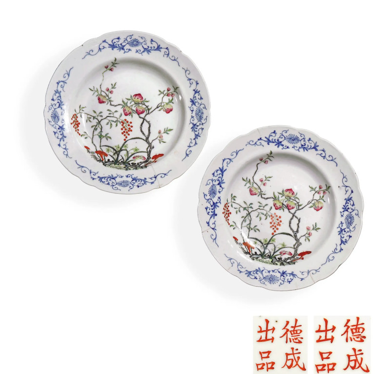 清晚期 粉彩灵仙祝寿纹花口盘一对