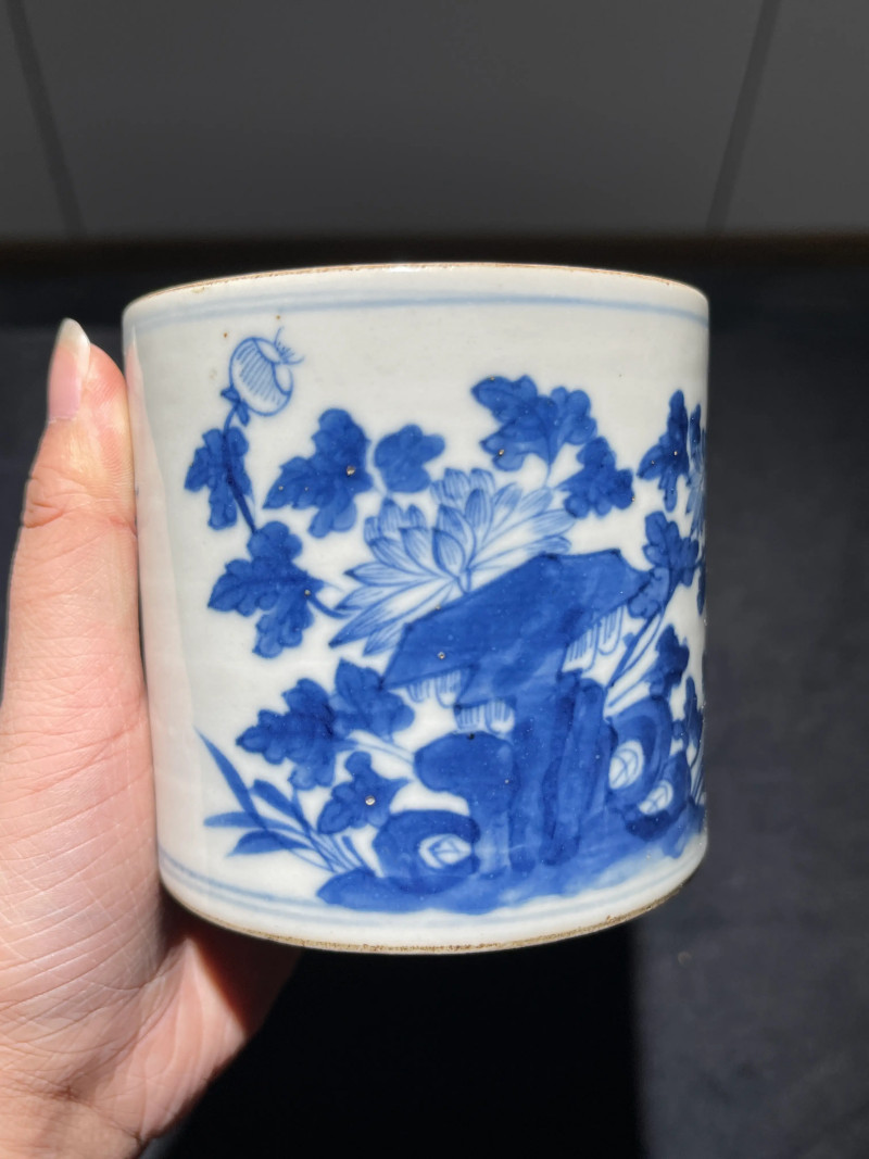 清中期 青花花卉诗文盖缸 - 图4