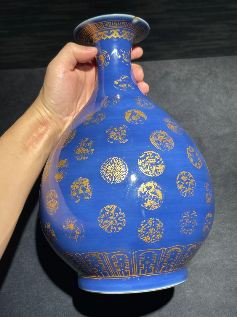 清光绪 祭蓝描金皮球花纹玉壶春瓶 - 图4