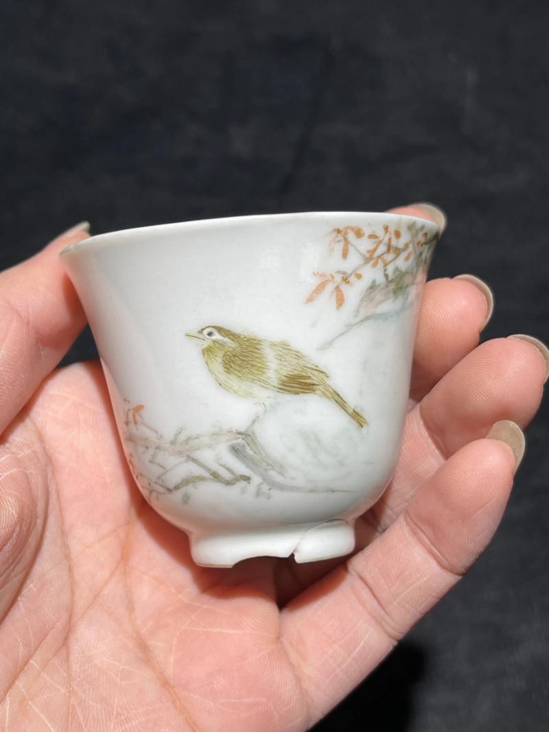 清光绪 浅绛彩花鸟纹杯一组三只 - 图2