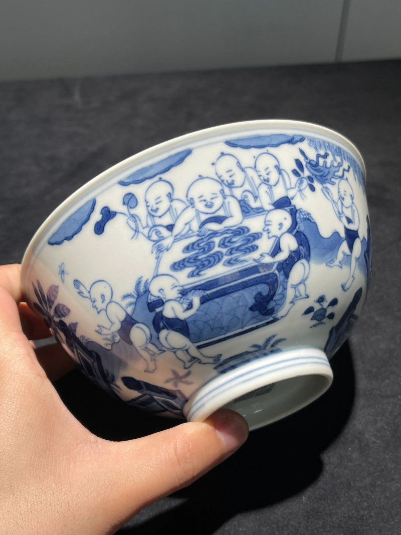 清道光 青花婴戏纹碗 - 图2