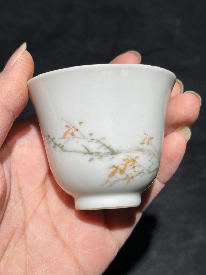 清光绪 浅绛彩花鸟纹杯一组三只 - 图3