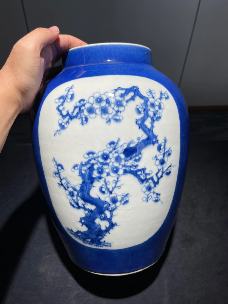 清晚期 洒蓝开光青花山水纹盖罐 - 图2