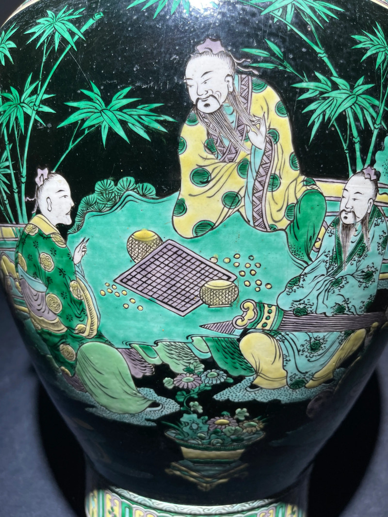 清晚期 墨地素三彩竹林七贤纹铺首尊 - 图3