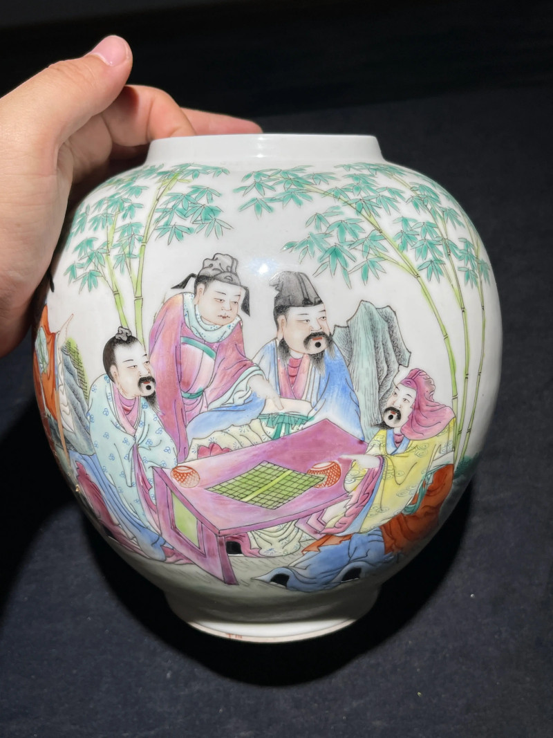 民国 粉彩竹林七贤纹皮灯一对 - 图2
