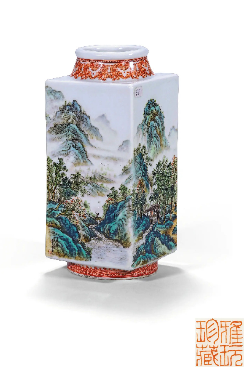 1962年 游海滨画粉彩春耕图琮式瓶