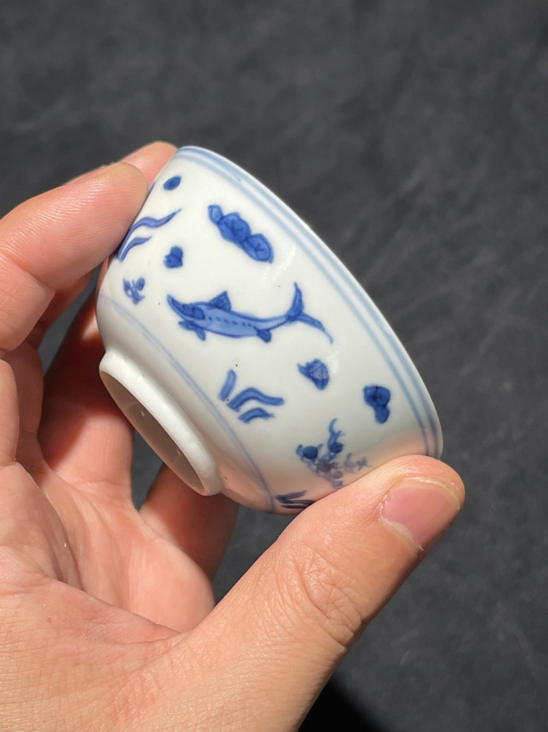 清康熙 青花鱼藻纹小杯一组五件 - 图22
