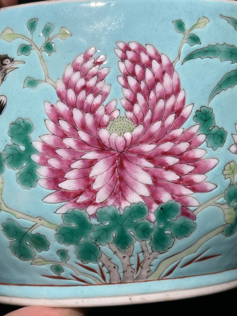 清光绪 松石绿地粉彩花鸟纹温锅 - 图8