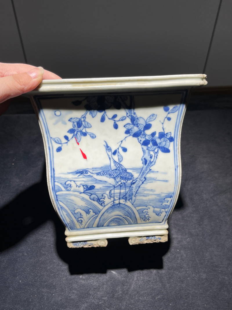 清康熙 青花贺寿图四方倭角花盆 - 图3