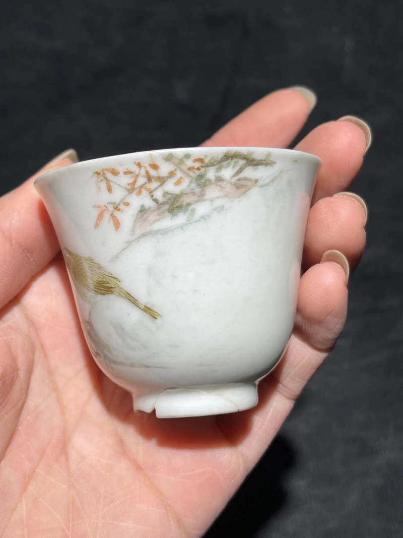 清光绪 浅绛彩花鸟纹杯一组三只 - 图5