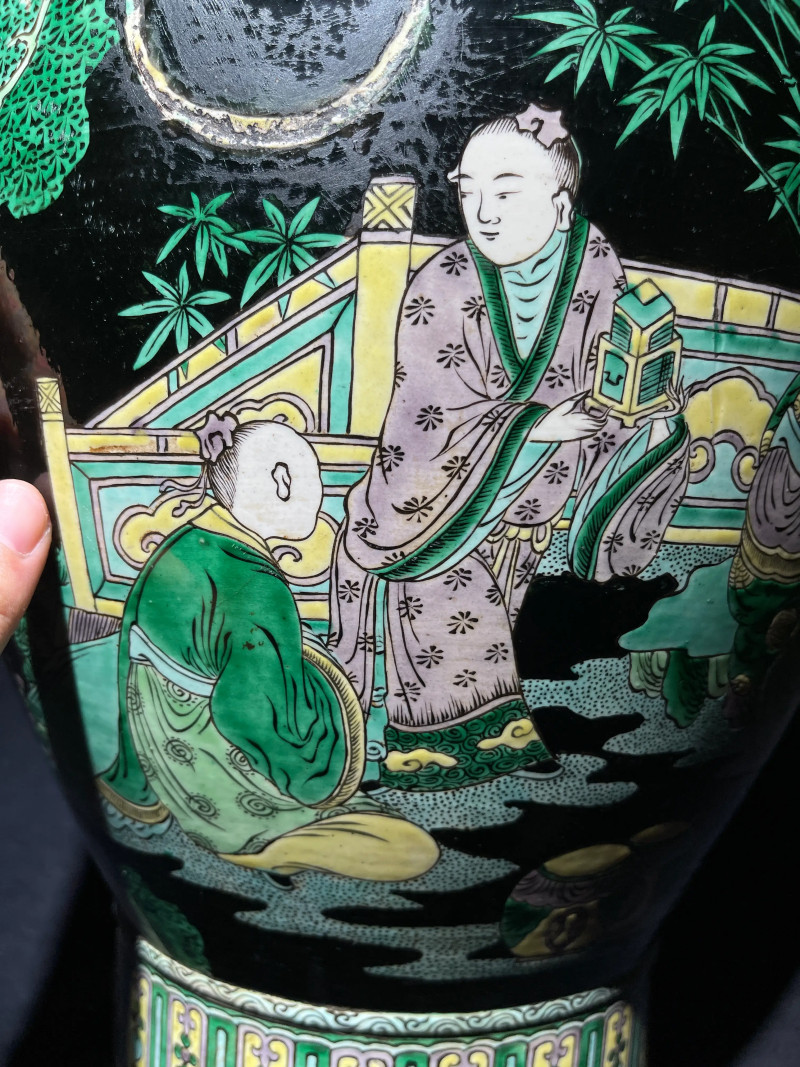 清晚期 墨地素三彩竹林七贤纹铺首尊 - 图5