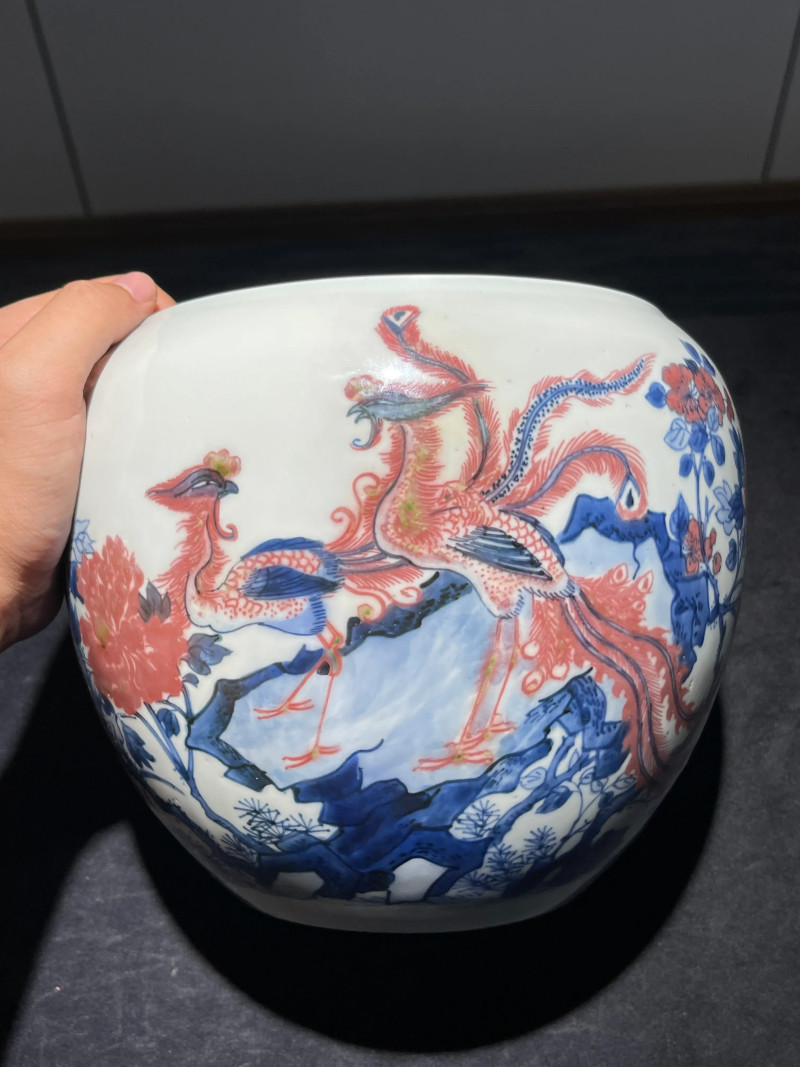 清康熙 青花釉里红凤凰牡丹纹卷缸 - 图2