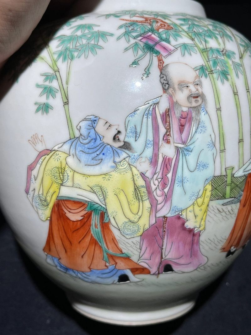 民国 粉彩竹林七贤纹皮灯一对 - 图5