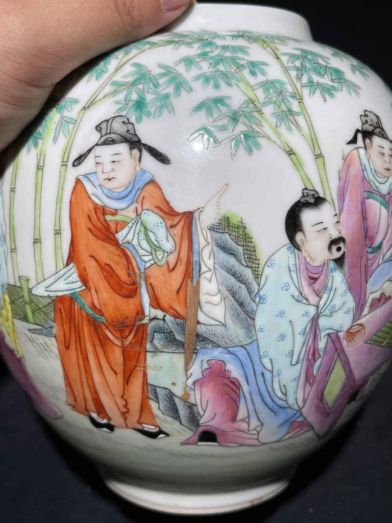 民国 粉彩竹林七贤纹皮灯一对 - 图6