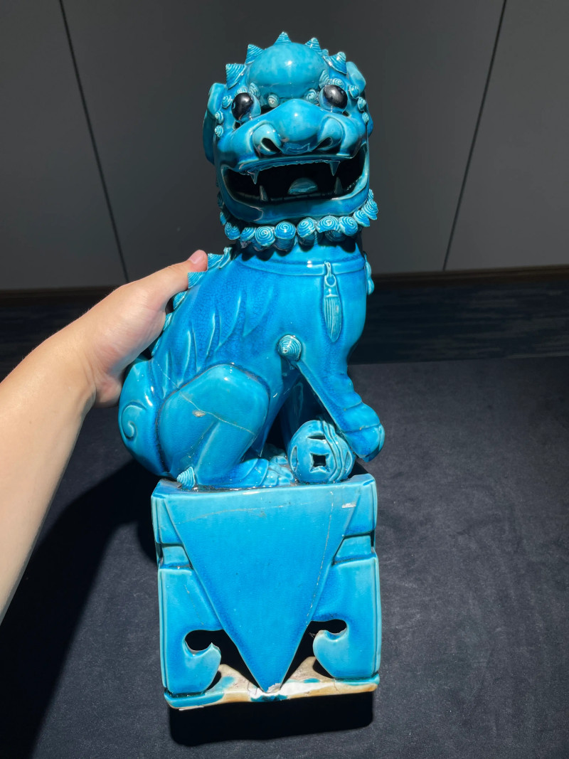 清康熙 孔雀蓝釉狮子瓷塑一对 - 图13
