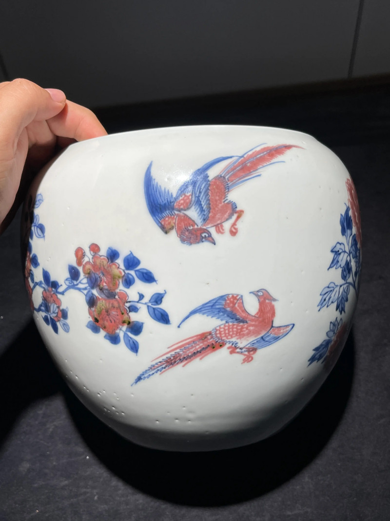 清康熙 青花釉里红凤凰牡丹纹卷缸 - 图4