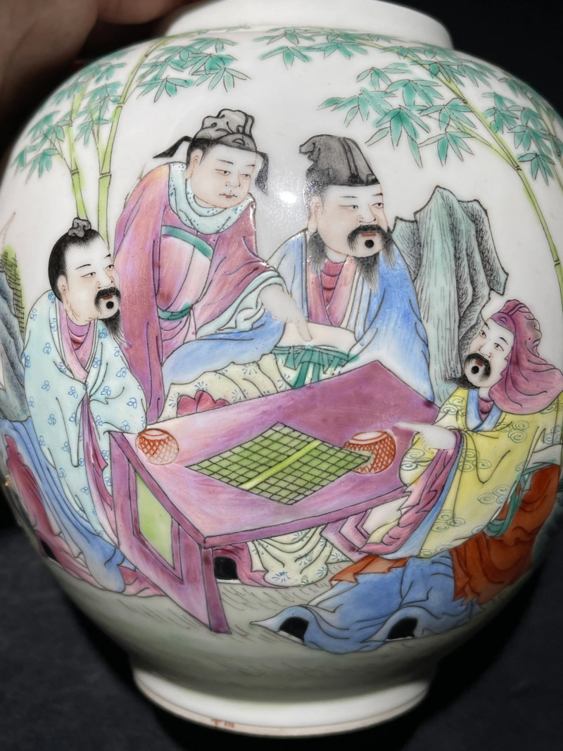 民国 粉彩竹林七贤纹皮灯一对 - 图7