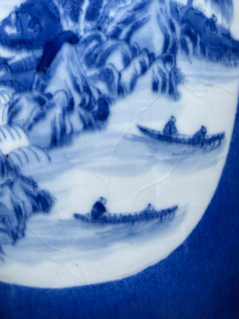 清晚期 洒蓝开光青花山水纹盖罐 - 图7