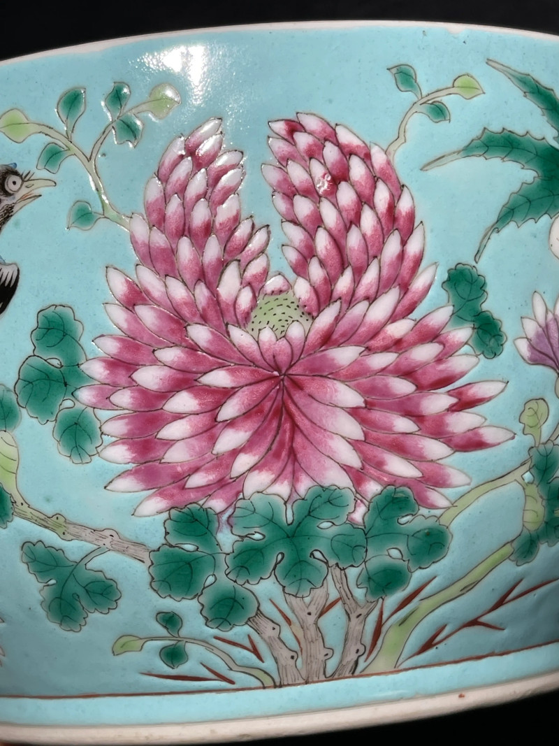 清光绪 松石绿地粉彩花鸟纹温锅 - 图12