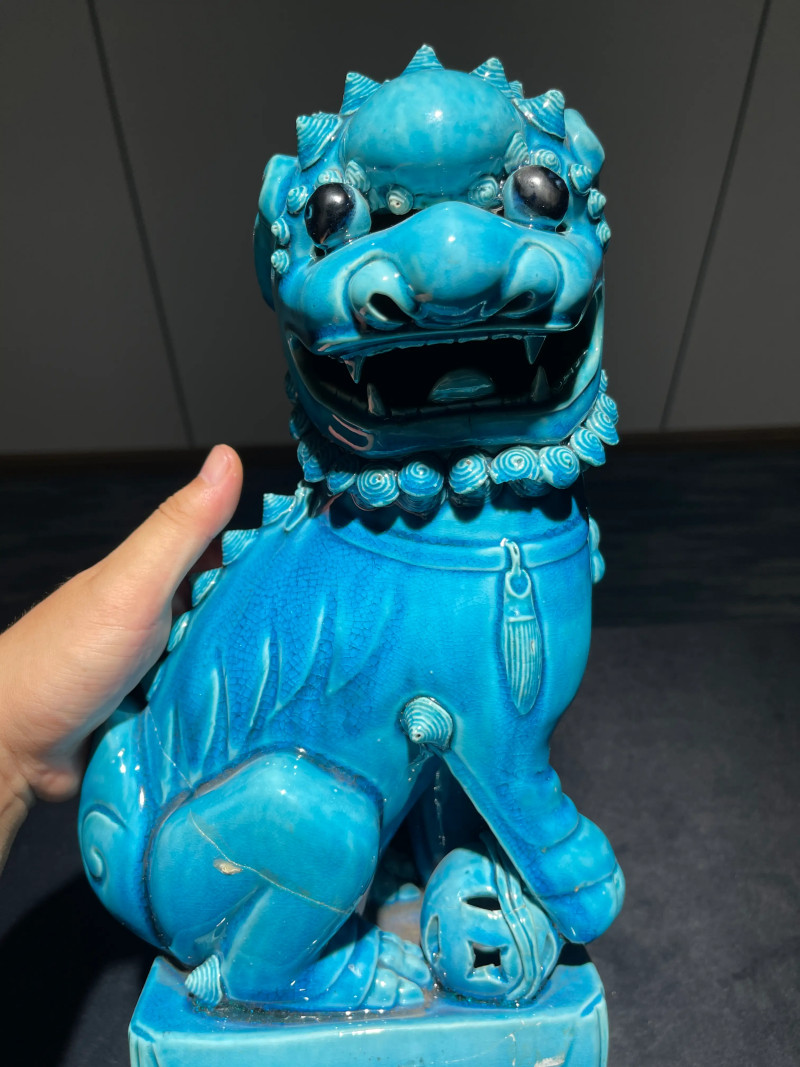 清康熙 孔雀蓝釉狮子瓷塑一对 - 图14